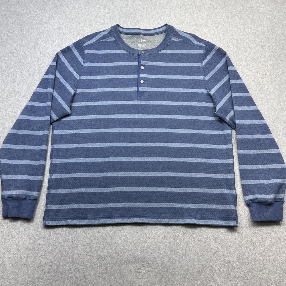 LL Bean Henley Shirt Mens XL Blue Striped Long Sleeve Cotton Heavy Thermal
